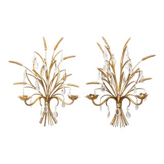 Vintage Italian Gilt Wheat Sheaf Tole & Crystals Candle Sconces - a Pair For Sale