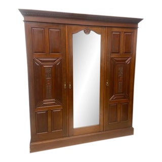 Large Antique Walnut Triple Wardrobe With Mirror Door 1910s For Sale