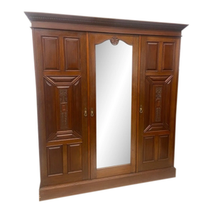 Large Antique Walnut Triple Wardrobe With Mirror Door 1910s