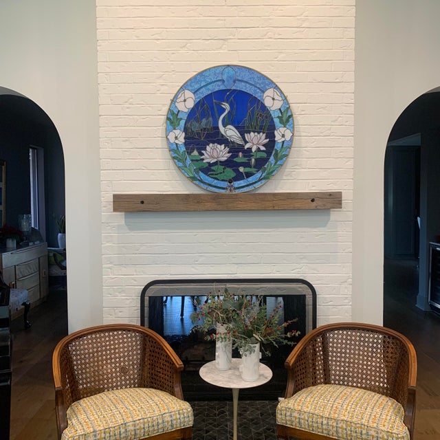 Blue Large Vintage Stained Glass Art, Crane and Lotus For Sale - Image 8 of 12