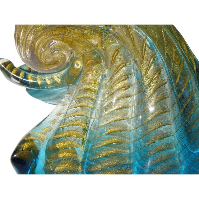 Blue Vintage Murano Barovier Toso Blue Rim Gold Flecks Ribbed Surface Italian Art Glass Seashell Sculptural Bowl For Sale - Image 8 of 10