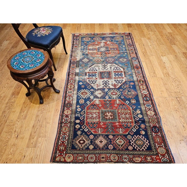 Textile Antique Caucasian Kazak Rug, Medallion Pattern, Hand-Knotted Wool, Blue & Red, 4' x 8' For Sale - Image 7 of 16