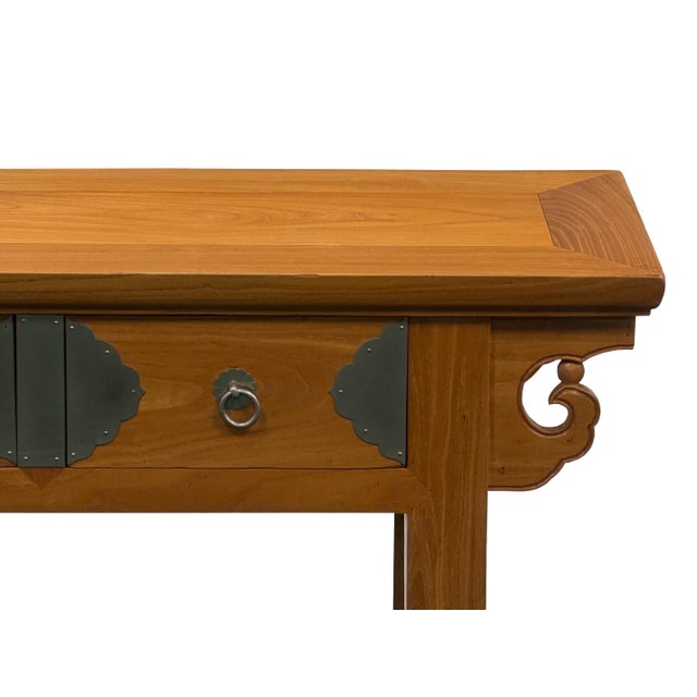 Wood Oriental Copper Brown Ru Yi Apron 3 Drawers Low Bench Table For Sale - Image 7 of 13