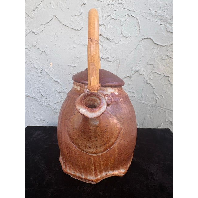 Vintage Rustic Ribbed Stoneware Mingei Style Studio Pottery Teapot With Bamboo Handle For Sale - Image 4 of 7