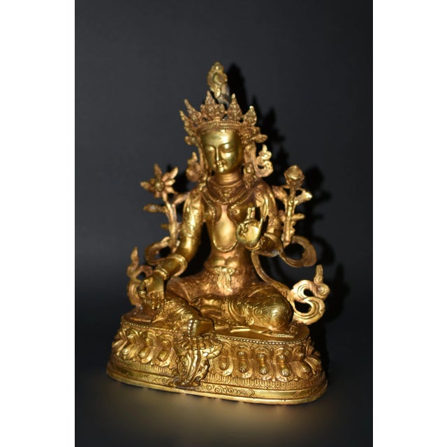 Gilt Bronze Tibetan Green Tara Statue For Sale - Image 4 of 13