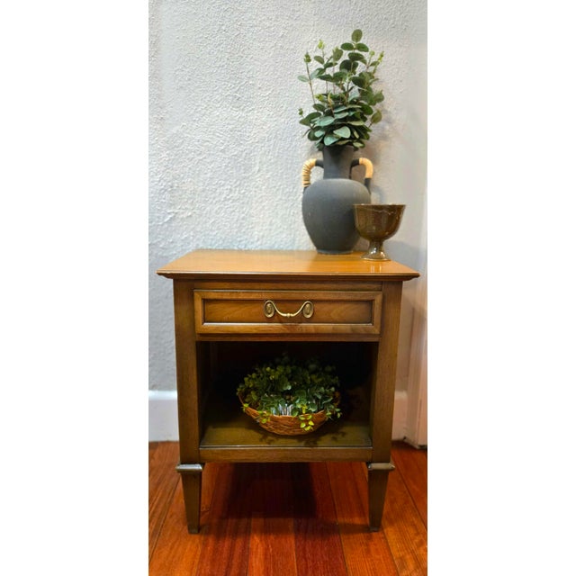 Vintage "By Drexel" Europa Walnut Nightstand | Dovetail Drawer + Original Brass Hardware For Sale In New York - Image 6 of 8