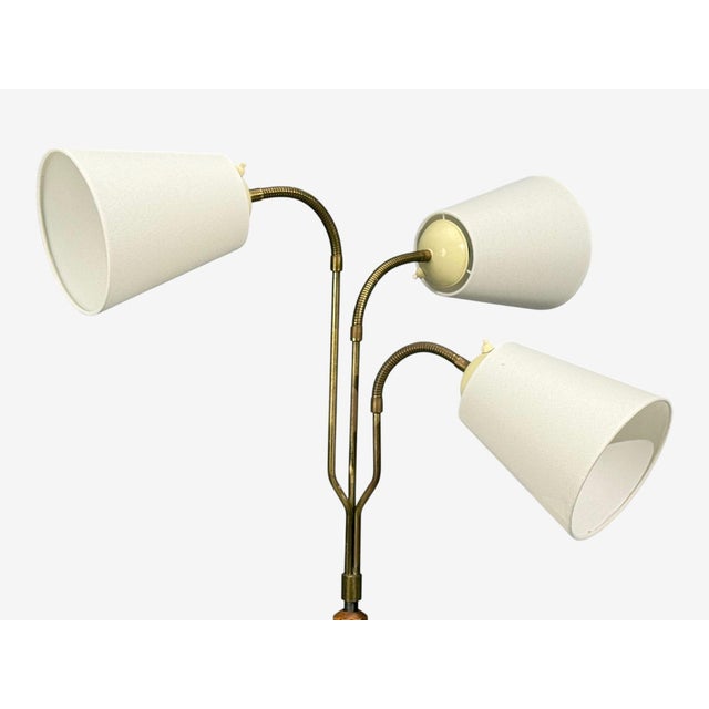 1940s Swedish Modern, Adjustable Floor Lamp, Wood, Brass, Red Lacquer, Sweden, 1940s For Sale - Image 5 of 12