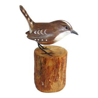 Hand Carved Wren Handmade Hand Painted Bird 5 3/4"h Wood Carving For Sale
