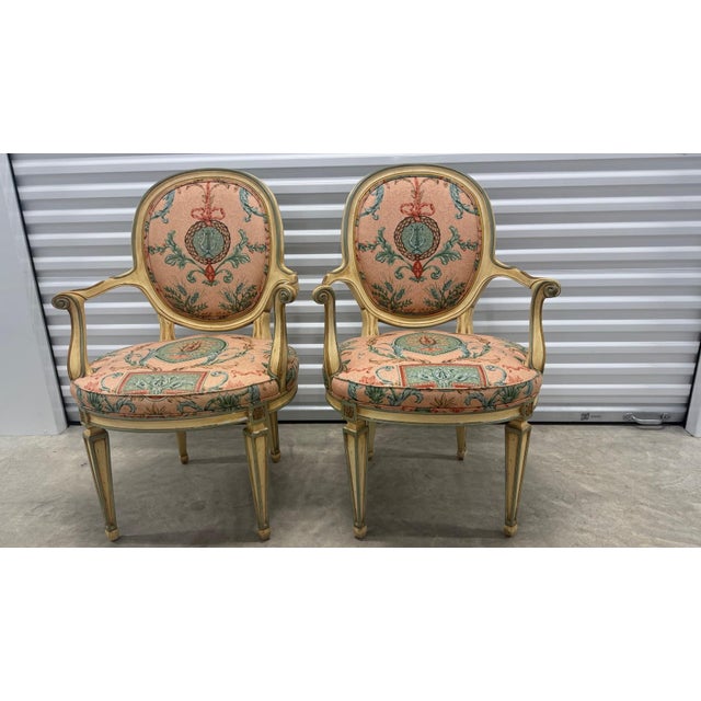 French Pair of Vintage Karges Louis XVI Style Armchairs – Hand-Painted Frames For Sale - Image 3 of 12