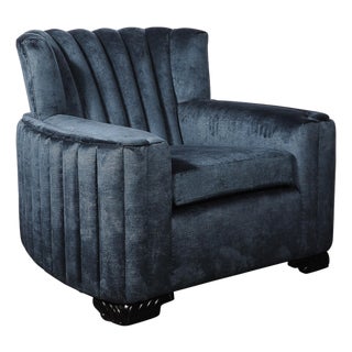 Art Deco Club Chair With Sculptural Ebonized Supports in Smoked Sapphire Velvet For Sale