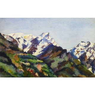 Vintage French Watercolor - Snow Capped Peaks For Sale
