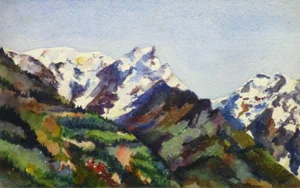 Vintage French Watercolor - Snow Capped Peaks