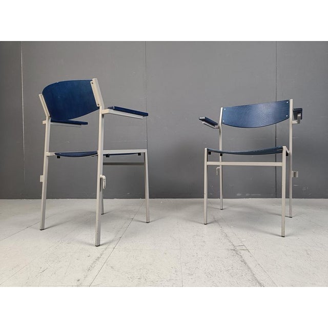 Blue Minimalist Metal and Plywood Stackable Armchairs from Gijs Van Der Sluis, 1960s, Set of 6 For Sale - Image 8 of 13