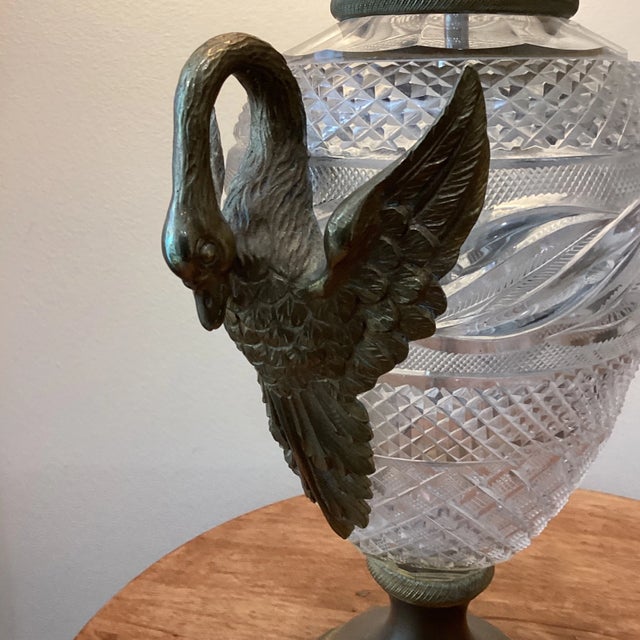 Mid 20th Century Mid 20th Century Neoclassical Cut Crystal Urn Bronze Swan Handles Lamps For Sale - Image 5 of 13