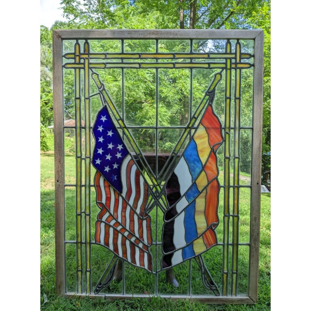 American Large Vintage Stained Cathedral Glass Window Ft. Crossed Staff American Flag For Sale - Image 3 of 13