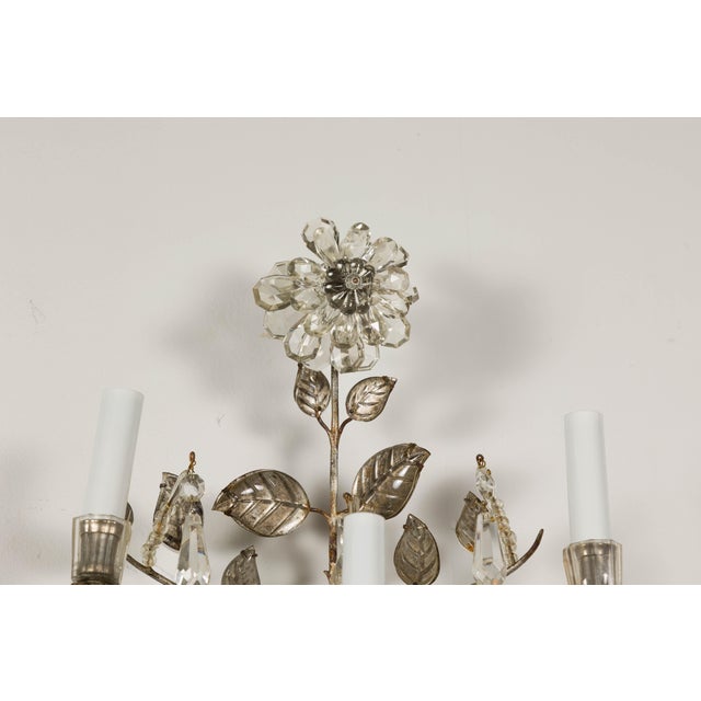 1940s Maison Baguès Crystal Three-Arm Sconces with Floral Motifs, US Wired For Sale - Image 11 of 12