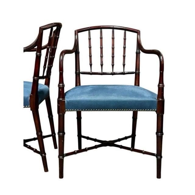 French chairs circa 1920, made of faux bamboo and mahogany wood, with legs joined with crosspieces.