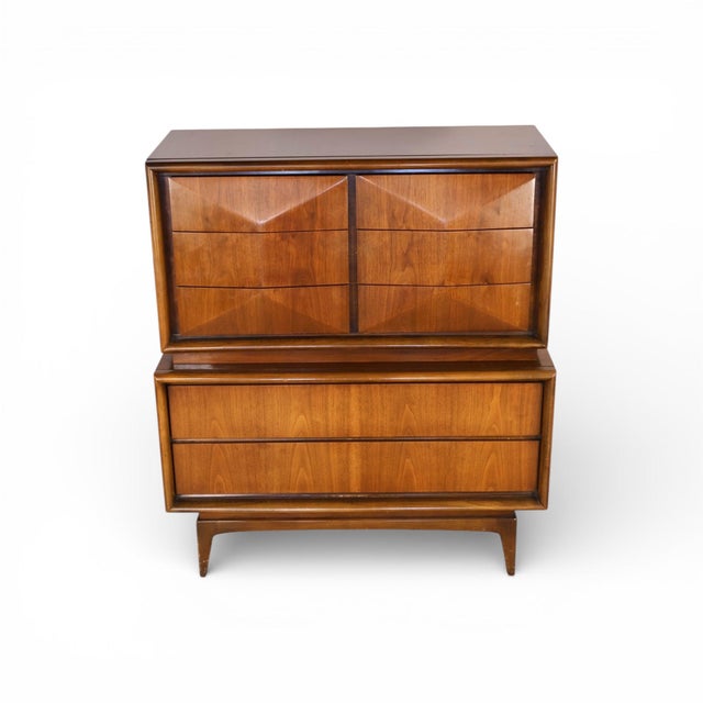 This striking United Furniture highboy dresser from the 1960s showcases the bold "diamond front" design the maker is known...