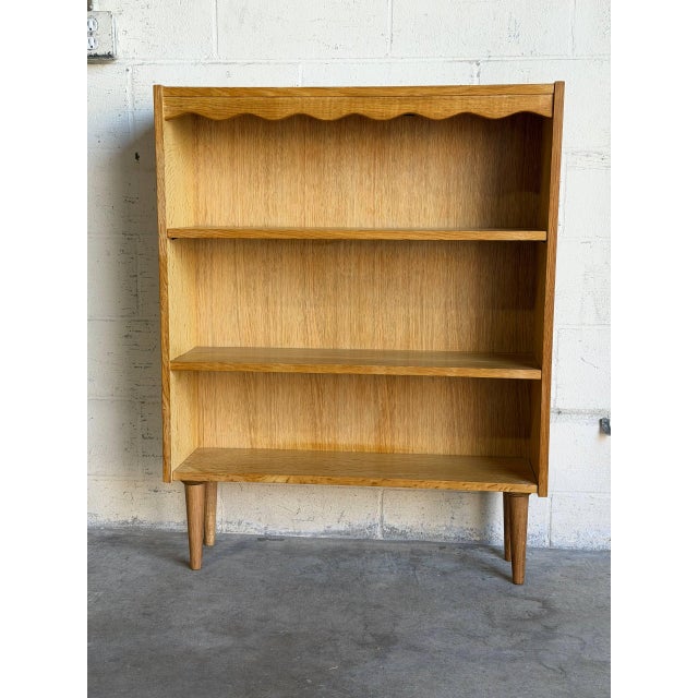 Brown Vintage Oak Bookcase With 3 Open Shelves Scalloped Top Trim and Tapered Legs Denmark 1960s For Sale - Image 8 of 9