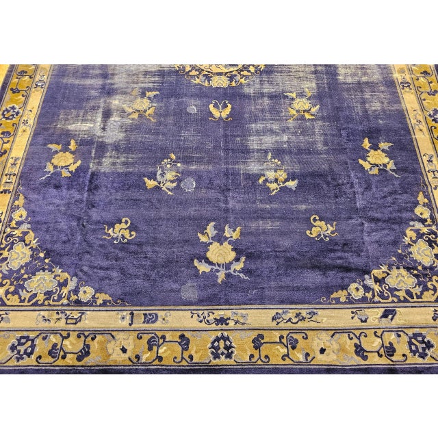 Blue 19th Century Chinese Peking Rug, Handwoven Wool, Indigo & Yellow, 10' X 14' For Sale - Image 8 of 12
