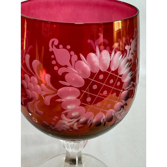 Late 19th Century Bohemian Floral Etched Cranberry Iridescent Glass Goblets, Set of 6 For Sale In Phoenix - Image 6 of 12