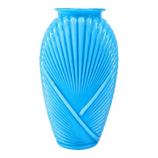 Vintage Sculptural Blue Art Glass Ribbed Swirl Vase Anchor Hocking Mid-Century Modern Art Deco For Sale