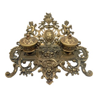 Antique 19th Century French Rococo Cast Brass Double Inkwell For Sale