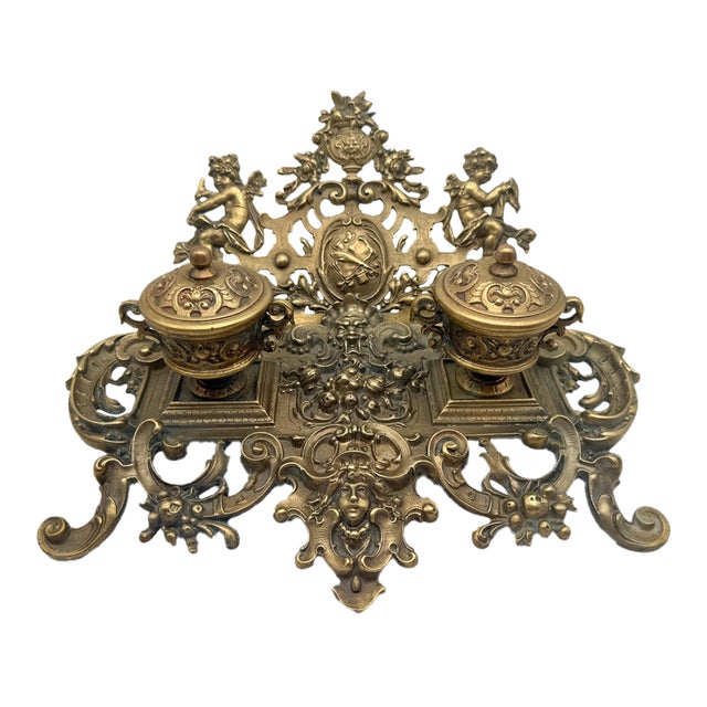 Antique 19th Century French Rococo Cast Brass Double Inkwell For Sale