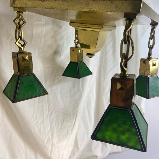 Antique Tungstolier 4 Light Brass Chandelier Mission Arts Craft Green Slag Glass This Antique Tungstolier Mission Arts &...
