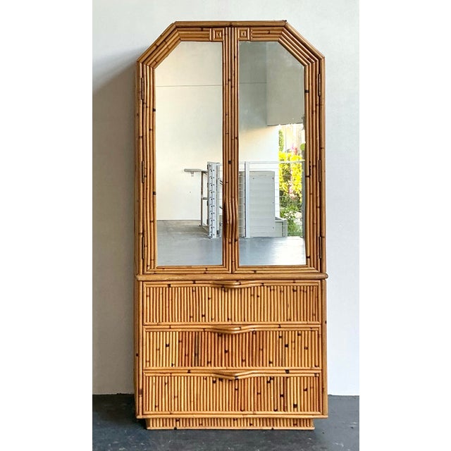 Wood Vintage Boho Faceted Bamboo Mirrored Armoire For Sale - Image 7 of 12