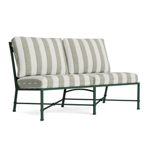 Brown Jordan Venetian Armless Loveseat in Forest Green with Forest Stripe Cushions For Sale