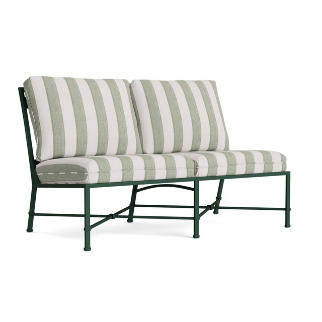 Brown Jordan Venetian Armless Loveseat in Forest Green with Forest Stripe Cushions For Sale
