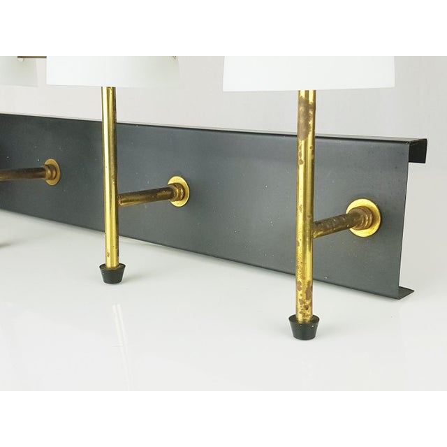 Mid-Century Modern Black Metal, Brass & Opaline Glass 4-Light Wall Lamps, 1950s, Set of 5 For Sale - Image 3 of 15