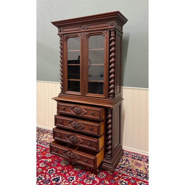 Antique French Bookcase & Chest of Drawers Display Cabinet Barley Twist Oak For Sale - Image 11 of 13