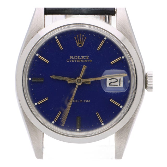 Vintage Rolex Oysterdate Precision 6694 Blue Dial Steel 1977 Leather Strap Watch For Sale