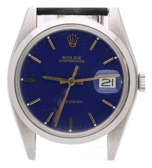 Vintage Rolex Oysterdate Precision 6694 Blue Dial Steel 1977 Leather Strap Watch