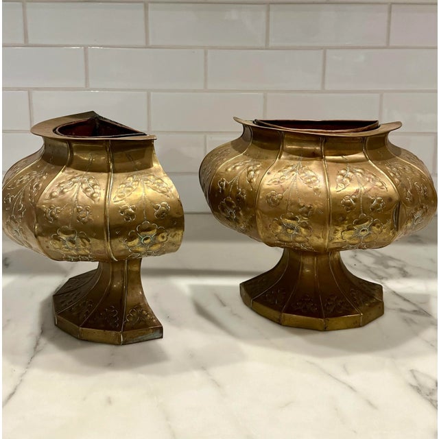 Pair of Vintage Brass Metal Floral Pattern Wall Planter Container Vase Vessels For Sale In Los Angeles - Image 6 of 10