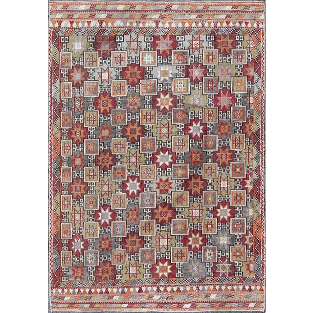 Turkish Vintage Embroidered Kilim Rug With Tribal Star and Box Shapes in Colorful Tones For Sale