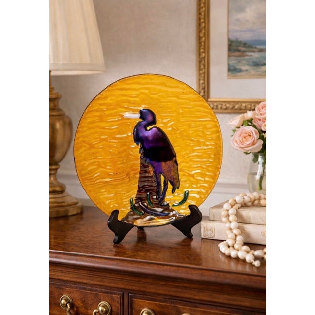 Gorgeous Vintage Art Glass plate with fused art glass Heron / Egrit ~ The Bird / Heron / Egrit has a deep inky purple...