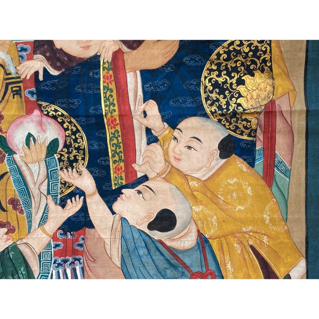 Large Chinese Vintage Canvas Color Ink SanXing (Fu Lu Shou) Painting Art For Sale - Image 10 of 11