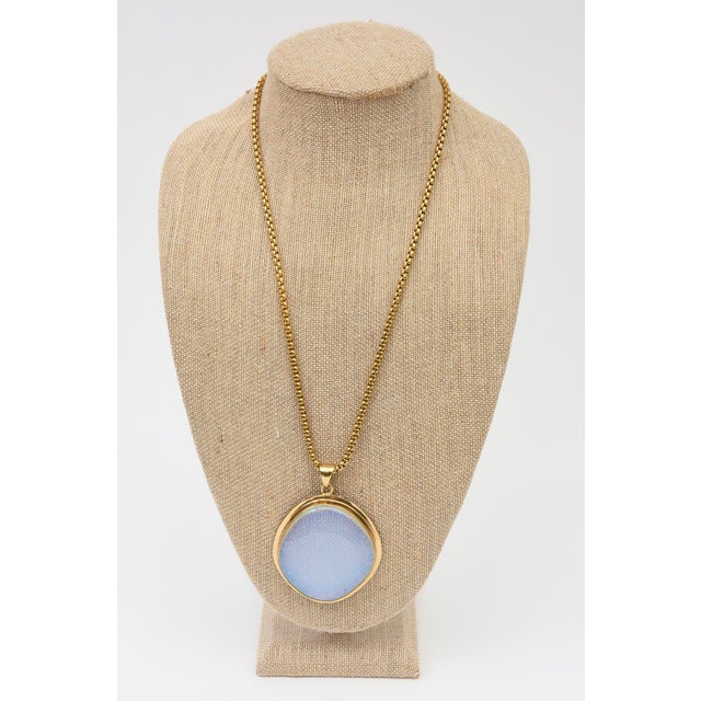 Charles Allen Gold Plated Pendant Necklace With Large Glass Blue Opalescent Stone, 1980's For Sale - Image 9 of 10