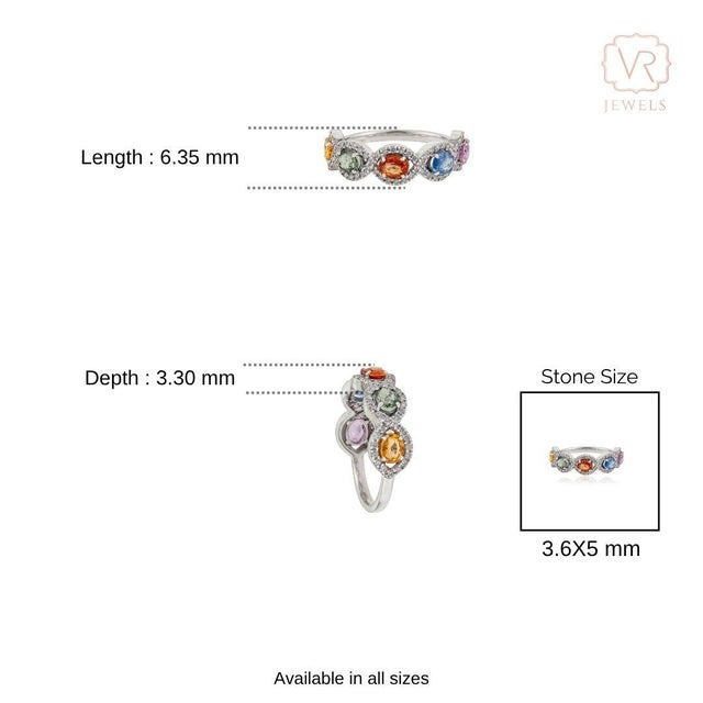 1.62 Ct Multi Sapphire & Diamond Colorful Rainbow Wedding Band Size 5 in 14k Gold For Sale - Image 10 of 15