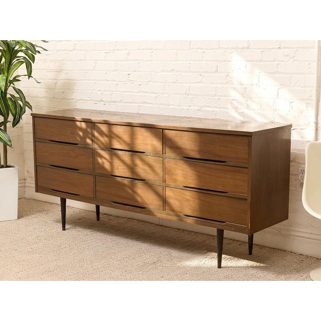 Vintage Mid-Century Modern Walnut Nine-Drawer Dresser For Sale - Image 4 of 12