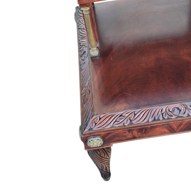 1920s Mahogany Leather Top Sofa End Table Brass Column Lion Pull Carved For Sale - Image 13 of 16
