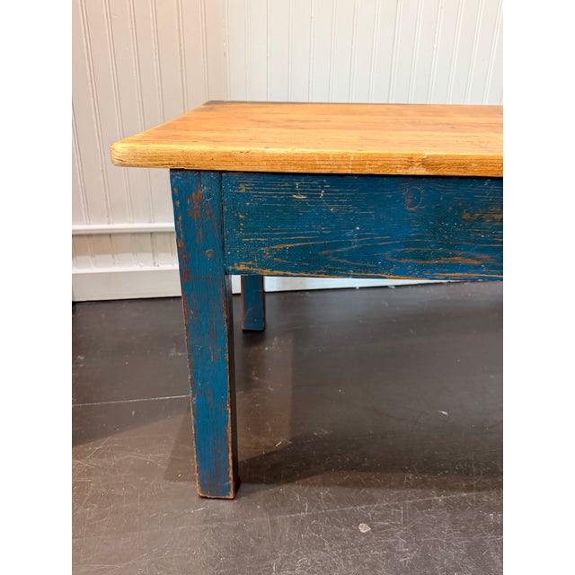 Shabby Chic English Pine Coffee Table With Blue Painted Base For Sale - Image 3 of 9