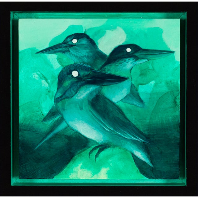 Three Kings by Cody Jimenez | Acrylic on panel Three birds with dark heads on a green background. For Sale - Image 4 of 4