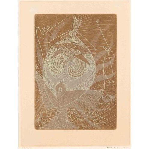 Color etching on vellum. Image dimension 18x13 cm. Edition of 33/100. Hand signed in pencil. Light-stained, browned, with...
