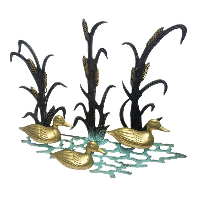 Vintage 1980s Brass and Iron Wall Hanging Ducks on Pond For Sale