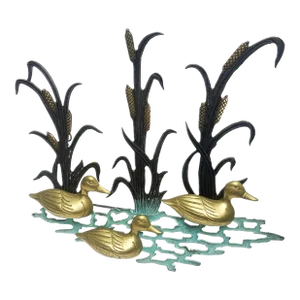 Vintage 1980s Brass and Iron Wall Hanging Ducks on Pond