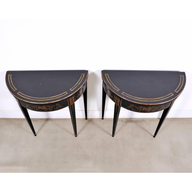 Wood Pair of Regency Style Chinoiserie Decorated Demilune Consoles For Sale - Image 7 of 18